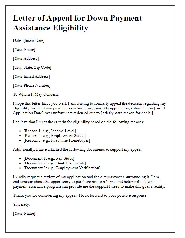 Letter template of appeal for down payment assistance eligibility.