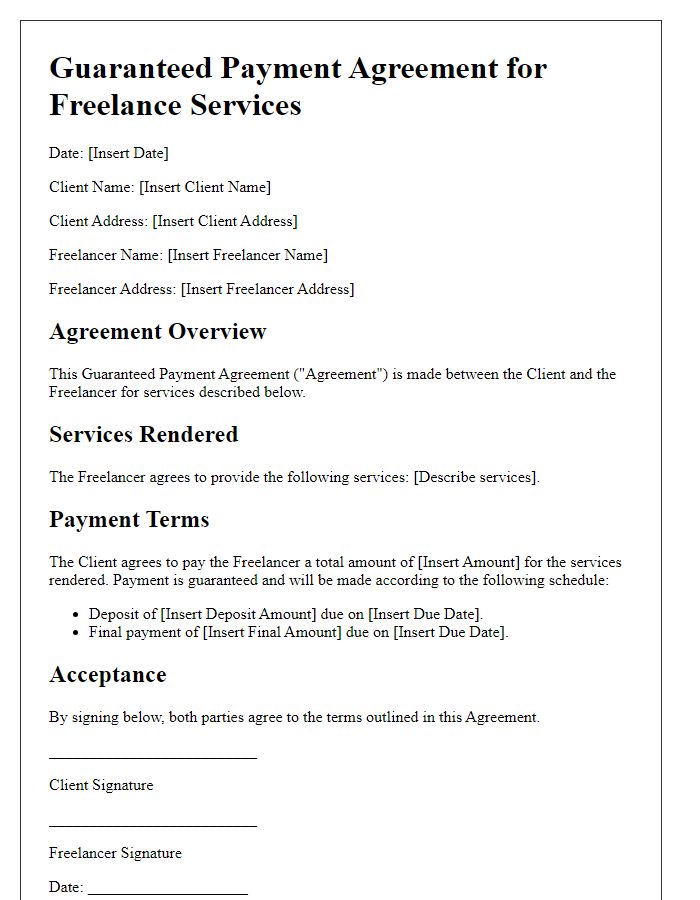 Letter template of guaranteed payment agreement for freelance services.