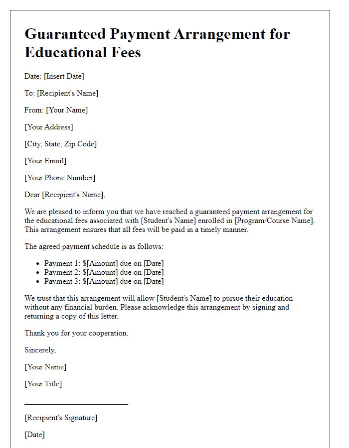 Letter template of guaranteed payment arrangement for educational fees.