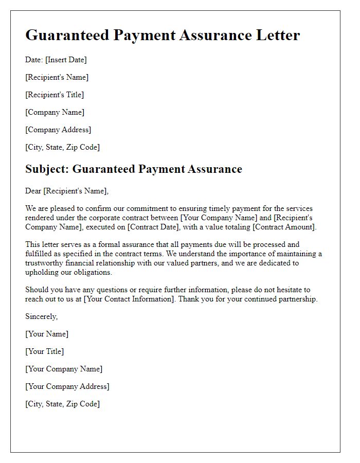 Letter template of guaranteed payment assurance for corporate contracts.