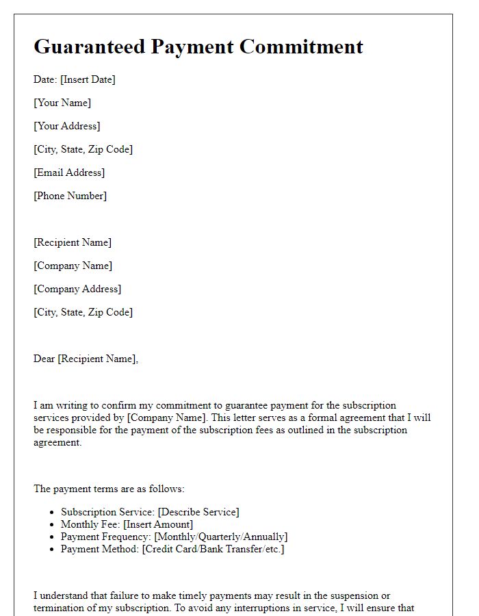 Letter template of guaranteed payment commitment for subscription services.