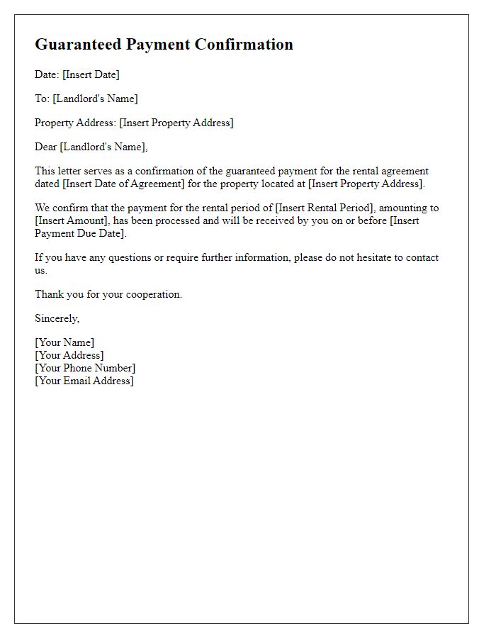 Letter template of guaranteed payment confirmation for rental agreements.