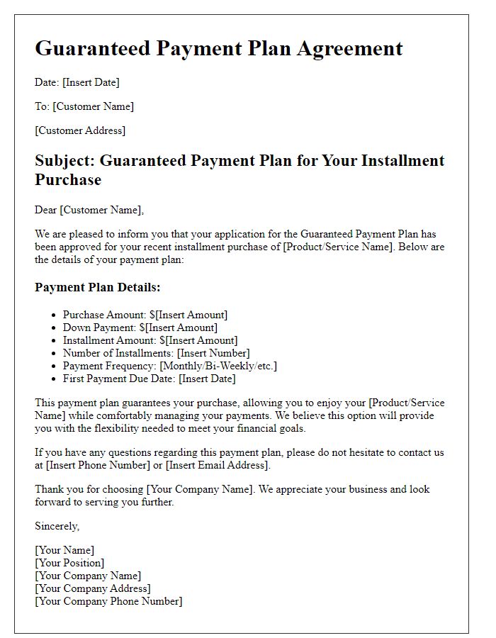 Letter template of guaranteed payment plan for installment purchases.