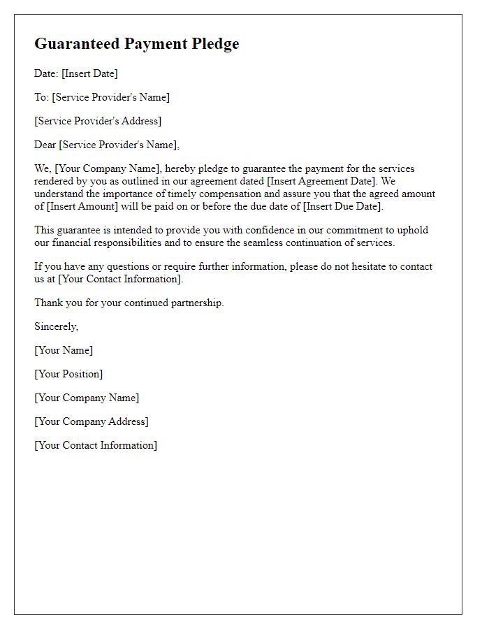 Letter template of guaranteed payment pledge for service providers.