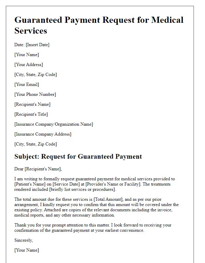 Letter template of guaranteed payment request for medical services.