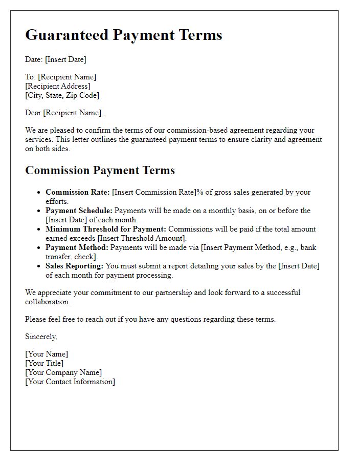 Letter template of guaranteed payment terms for commission-based agreements.