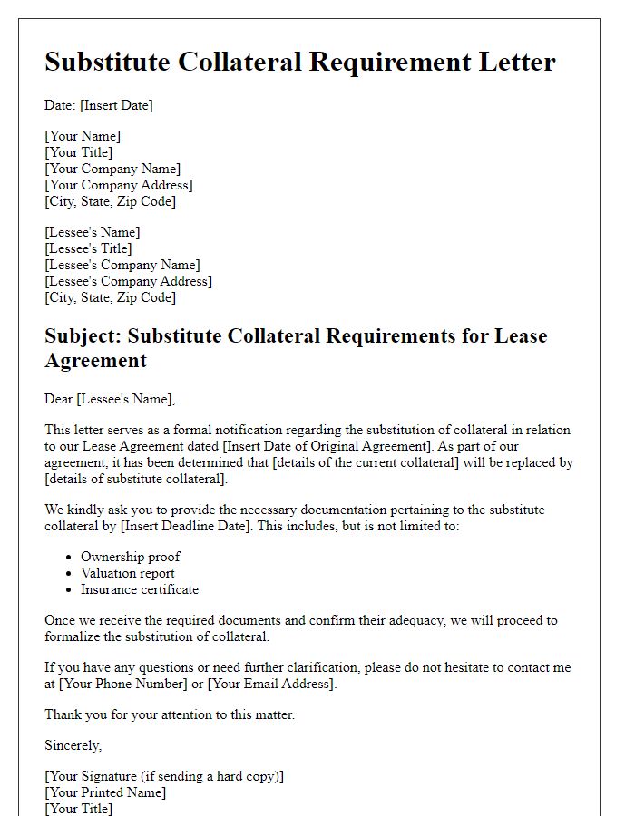 Letter template of substitute collateral requirements for lease agreements