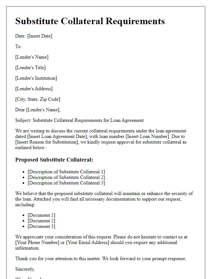 Letter template of substitute collateral requirements for loan agreements