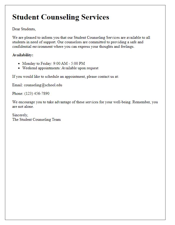 Letter template of student counseling services availability