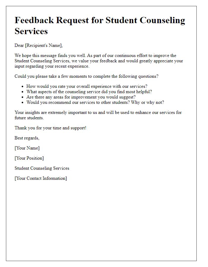 Letter template of student counseling services feedback request