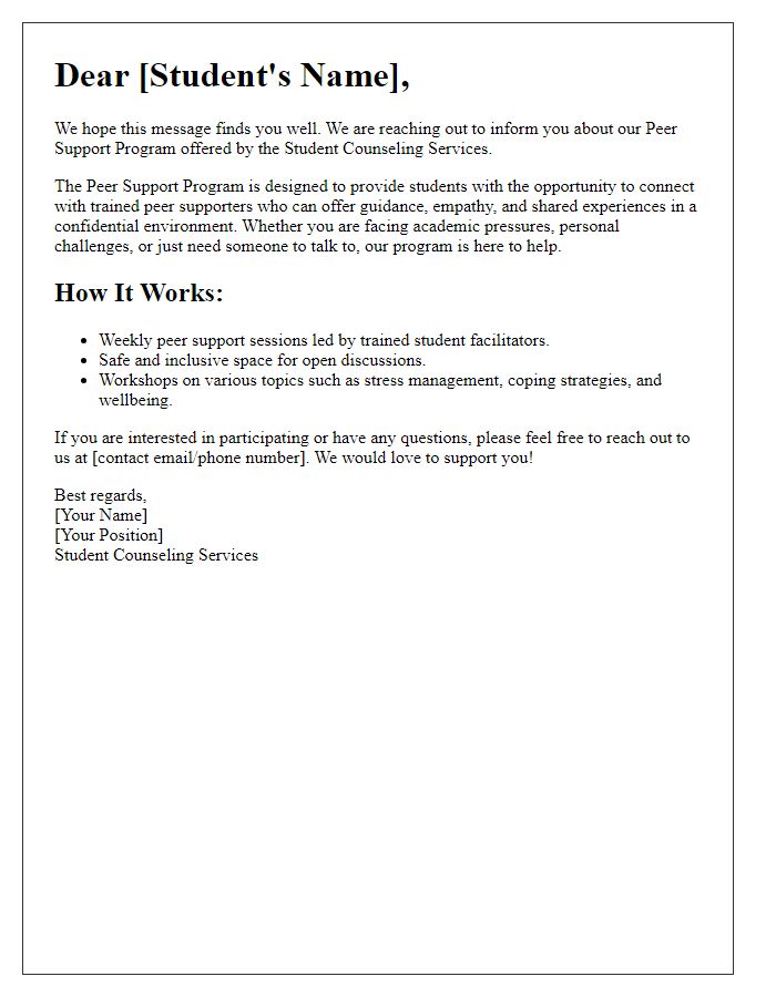 Letter template of student counseling services peer support programs