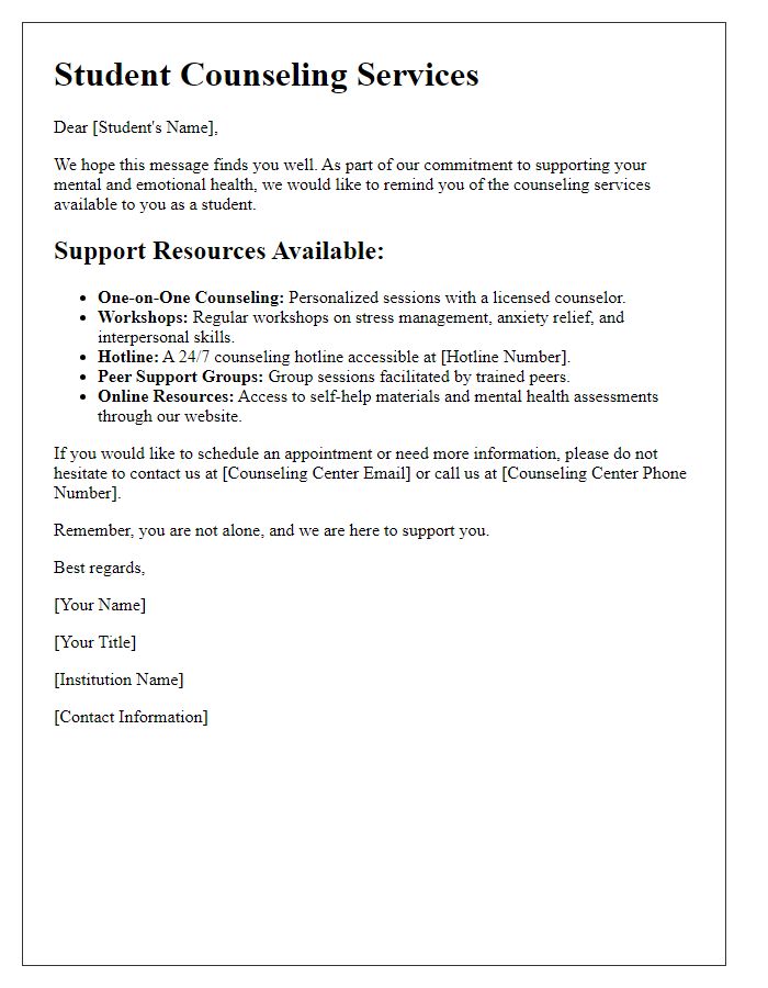 Letter template of student counseling services support resources