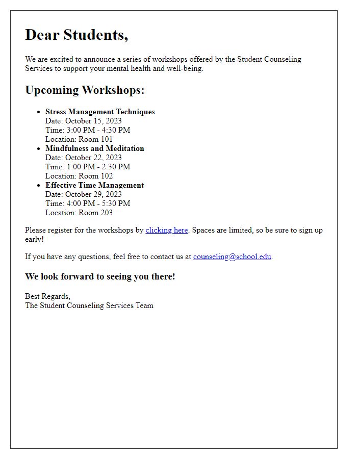 Letter template of student counseling services workshops announcement