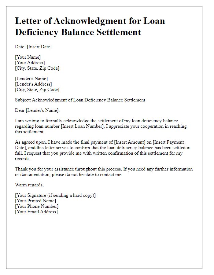 Letter template of acknowledgment for loan deficiency balance settlement.