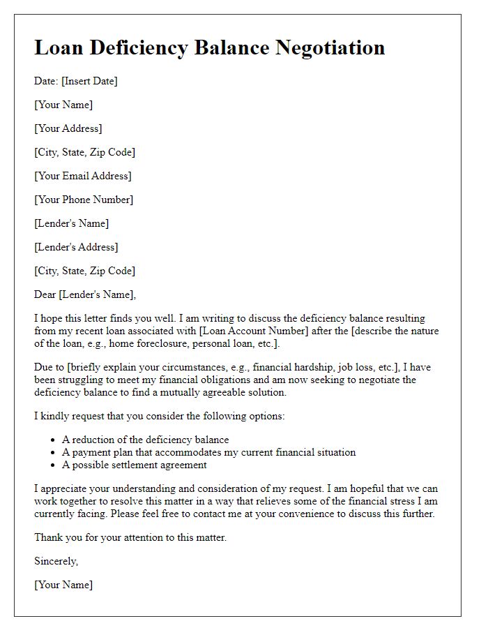 Letter template of loan deficiency balance negotiation.