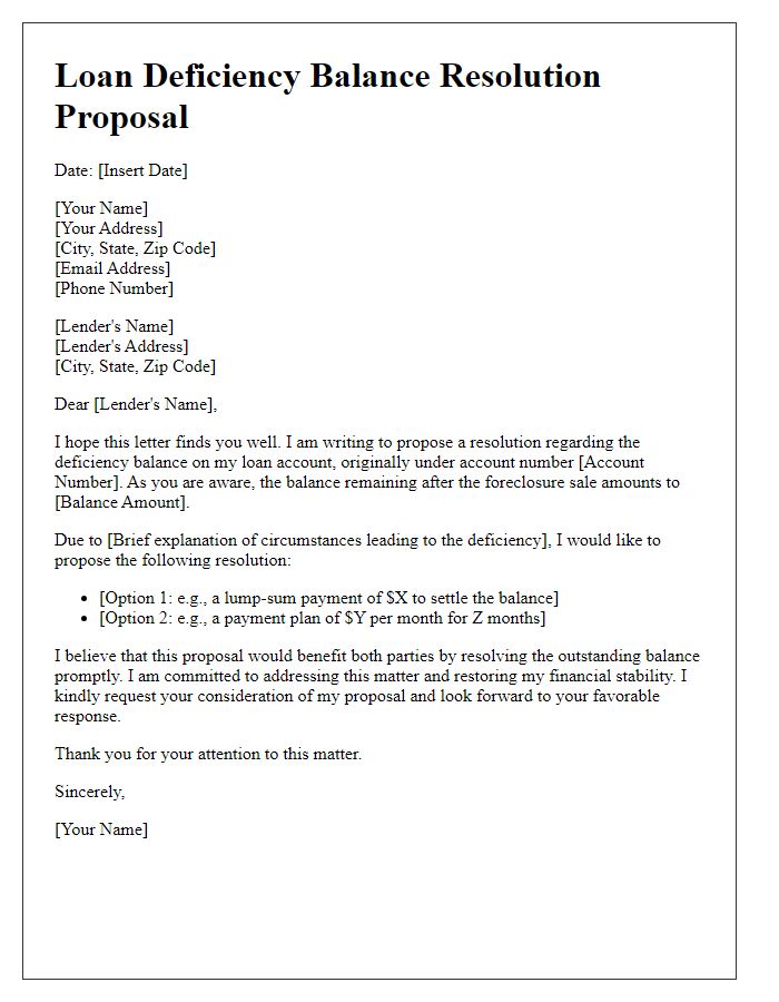 Letter template of proposal for loan deficiency balance resolution.