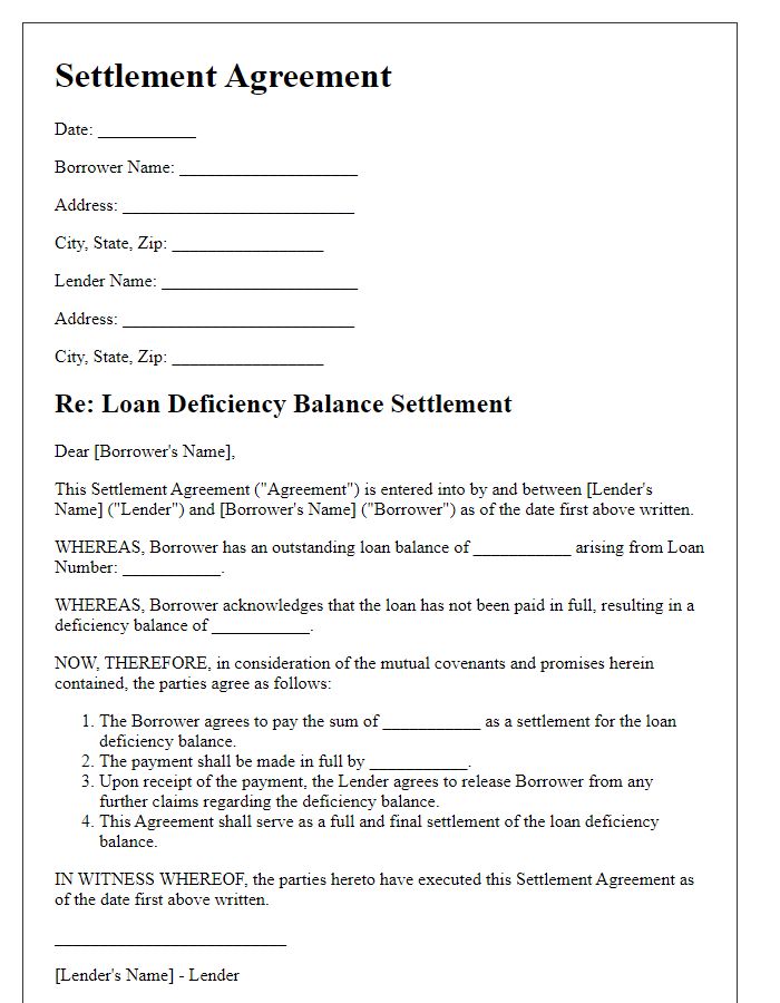 Letter template of settlement agreement for loan deficiency balance.