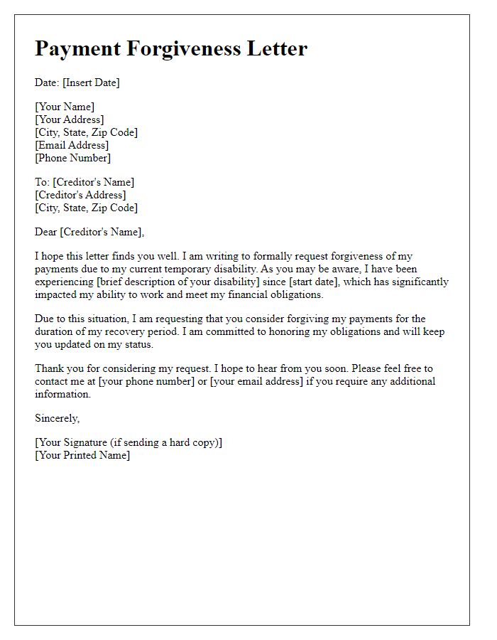 Letter template of payment forgiveness letter for temporary disability.