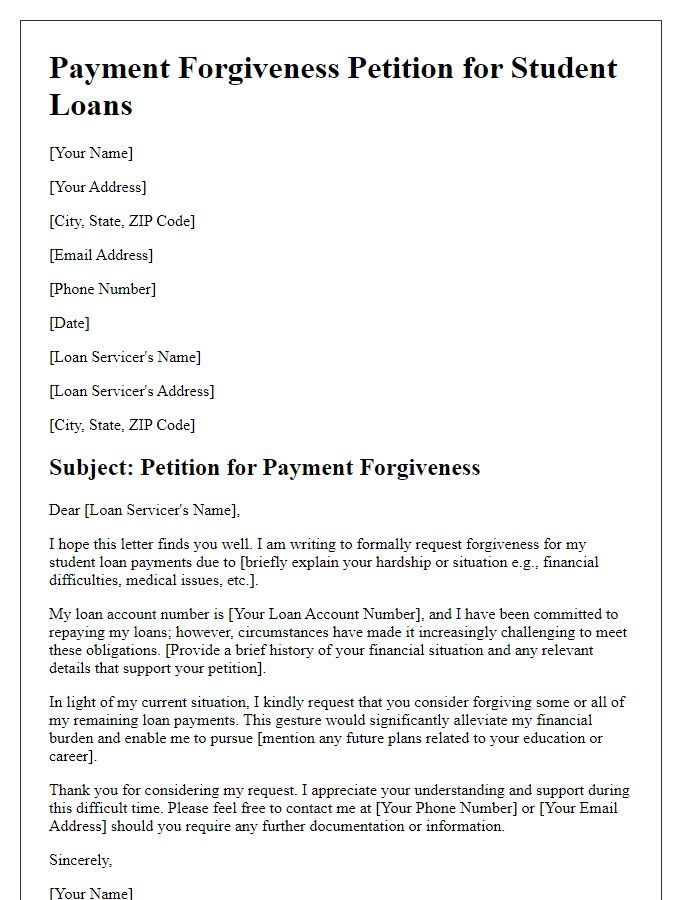 Letter template of payment forgiveness petition for student loans.