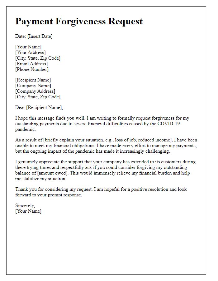 Letter template of payment forgiveness request for pandemic-related issues.