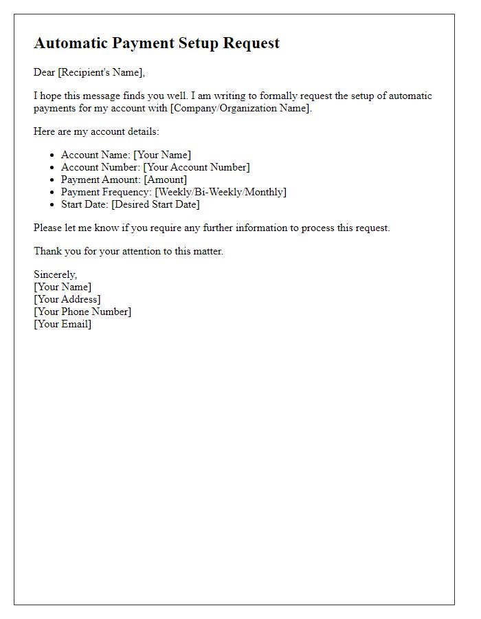 Letter template of automatic payment setup request