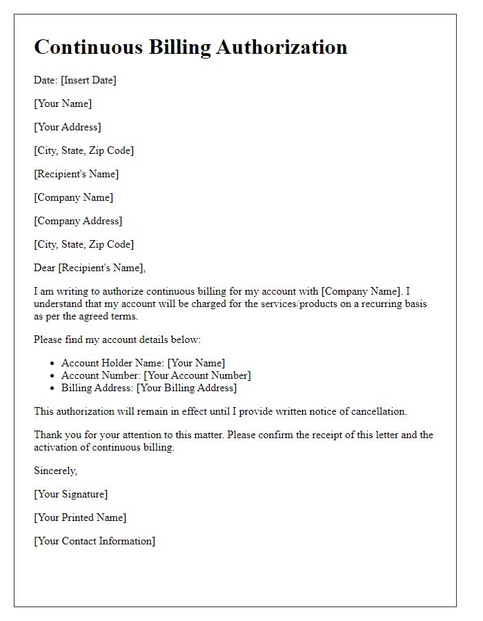 Letter template of continuous billing authorization