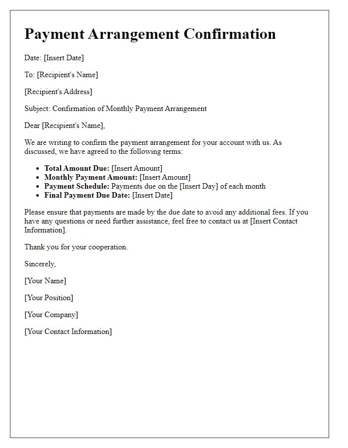 Letter template of monthly payment arrangement confirmation