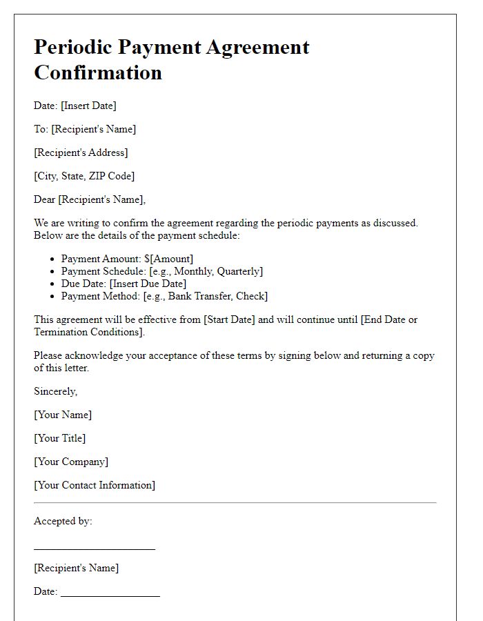 Letter template of periodic payment agreement confirmation