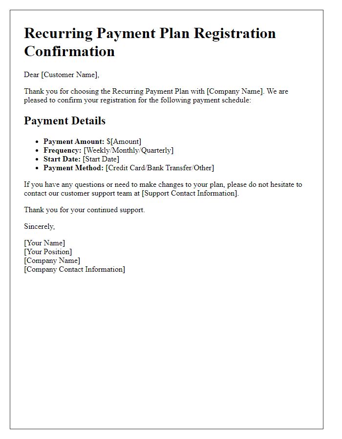 Letter template of recurring payment plan registration