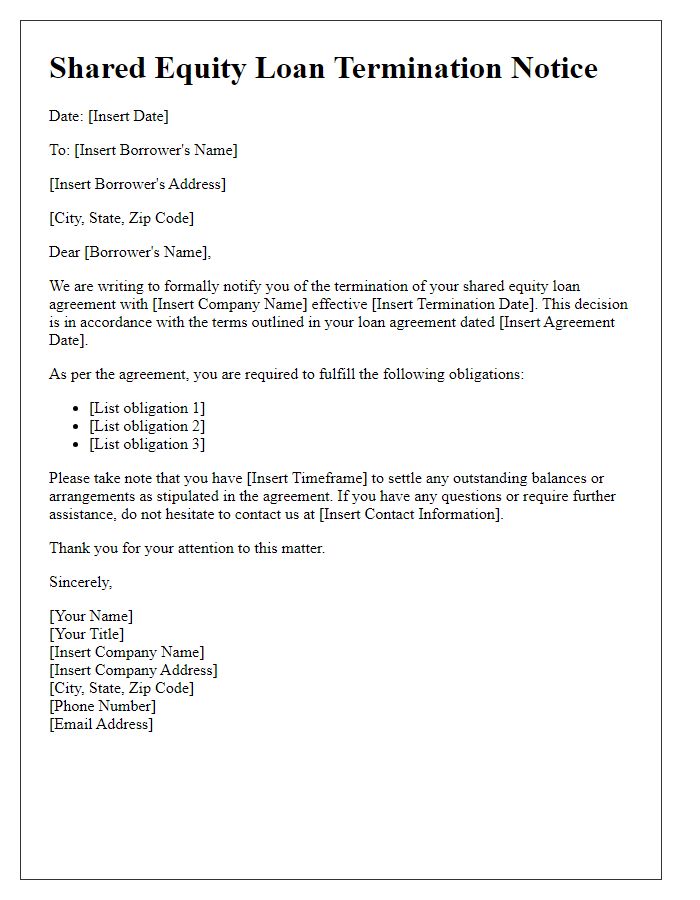 Letter template of shared equity loan termination notice