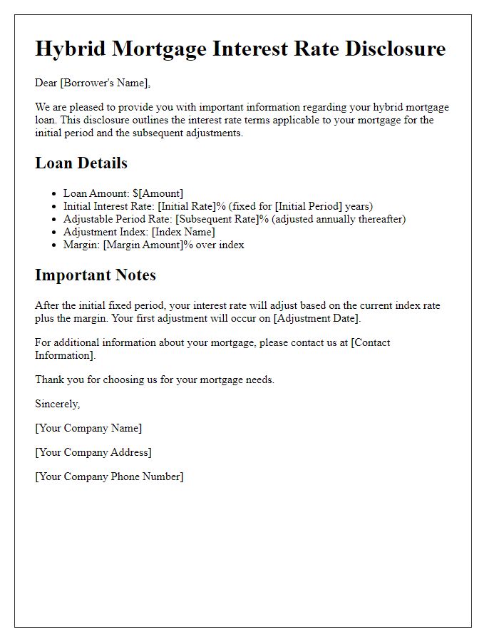 Letter template of hybrid mortgage interest rate disclosure