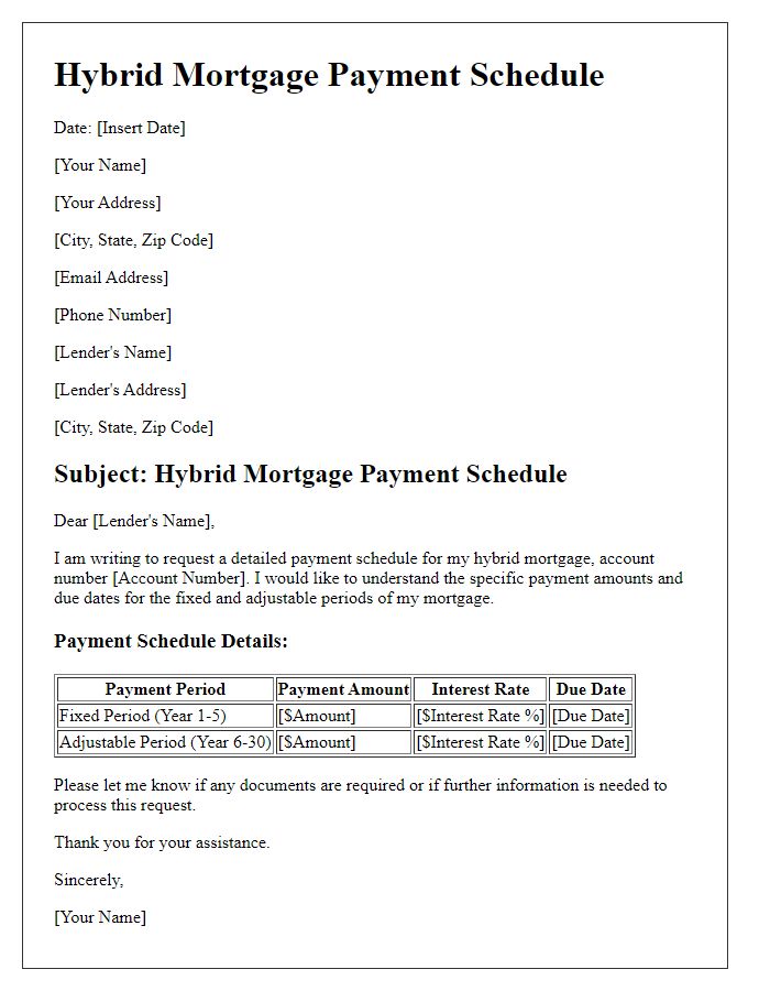 Letter template of hybrid mortgage payment schedule