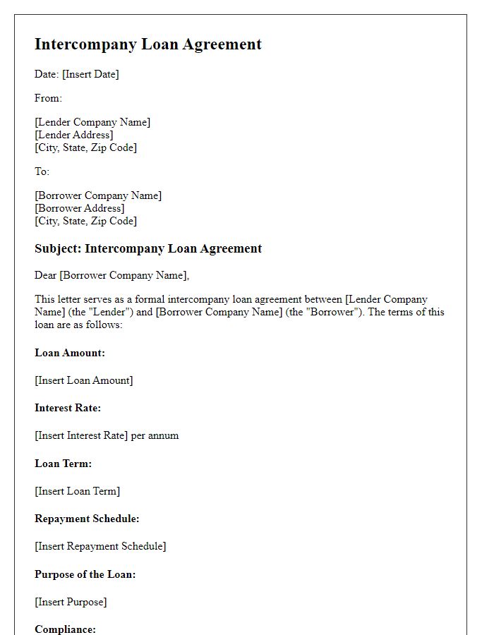 Letter template of intercompany loan agreement for tax compliance.