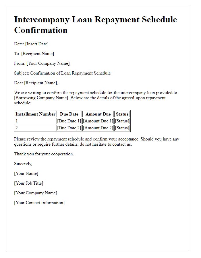 Letter template of intercompany loan repayment schedule confirmation.