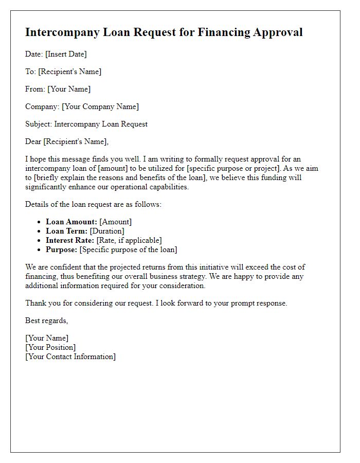 Letter template of intercompany loan request for financing approval.