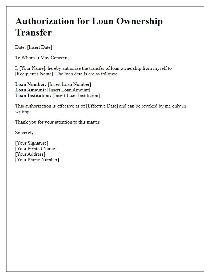 Letter template of authorization for loan ownership transfer