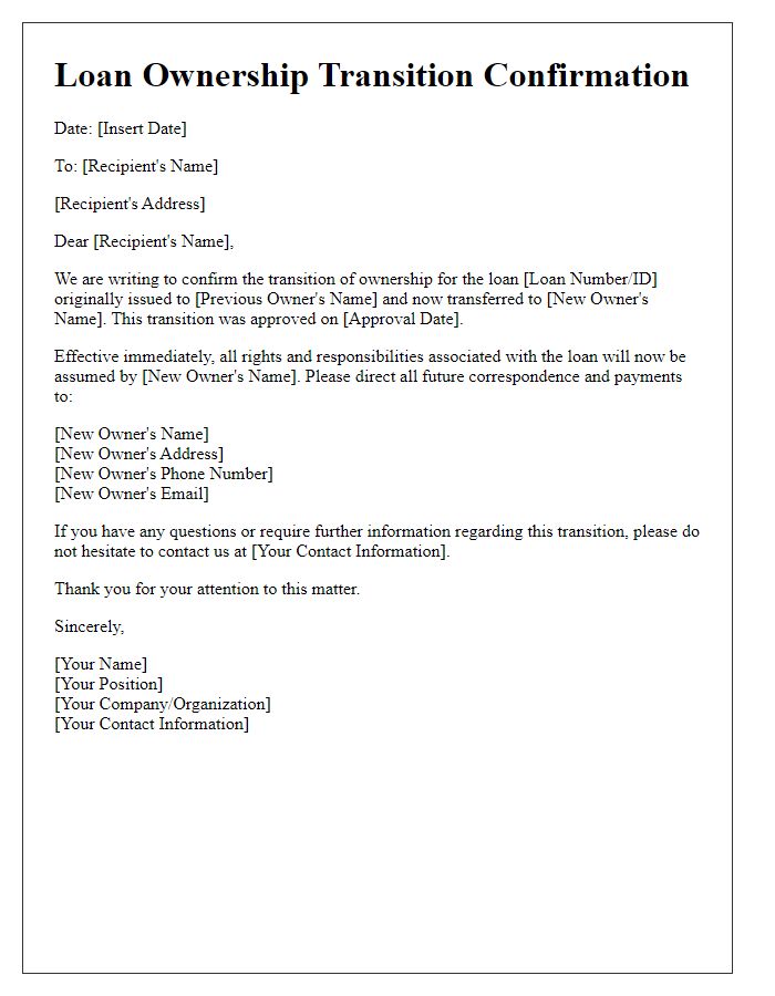 Letter template of confirmation for loan ownership transition