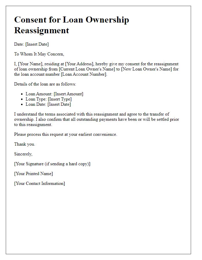 Letter template of consent for loan ownership reassignment