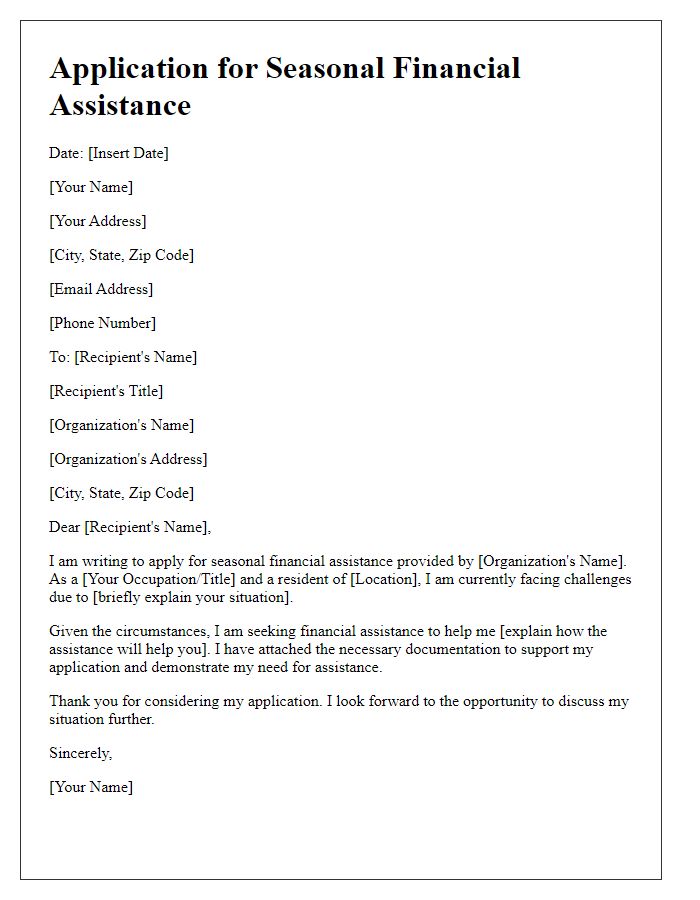 Letter template of application for seasonal financial assistance