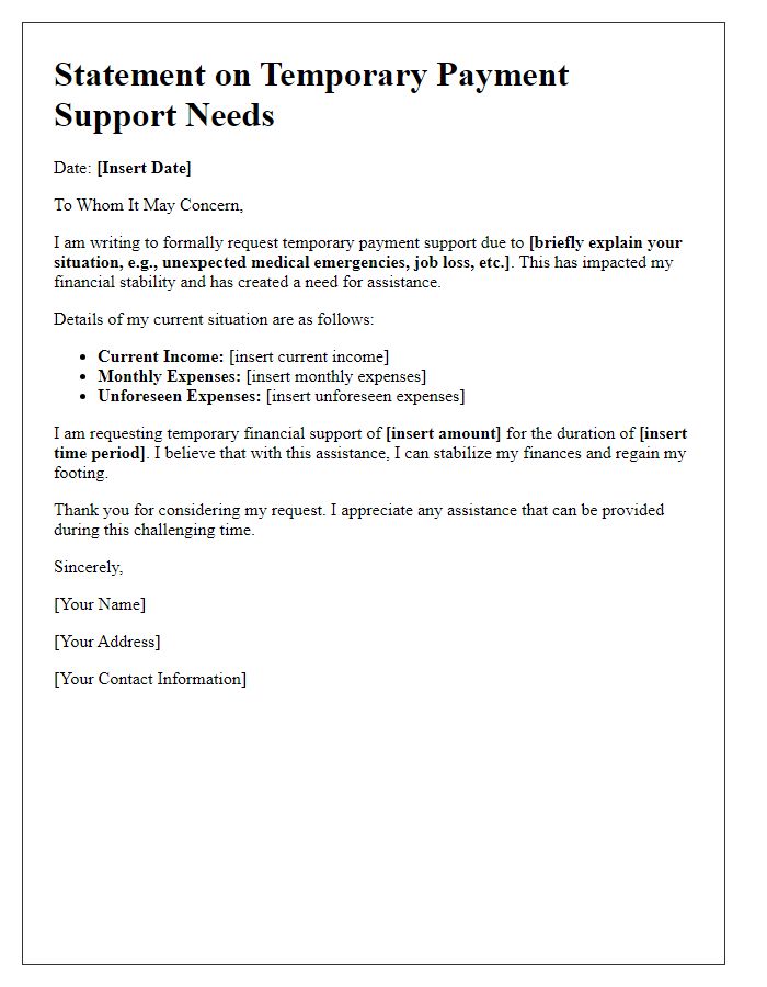 Letter template of statement on temporary payment support needs