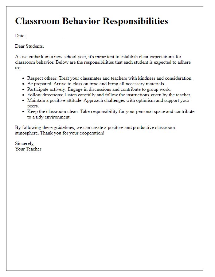 Letter template of classroom behavior responsibilities