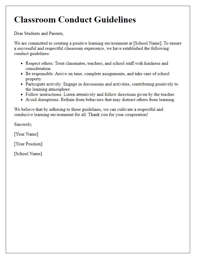 Letter template of classroom conduct guidelines