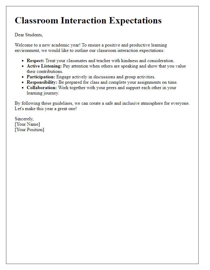 Letter template of classroom interaction expectations