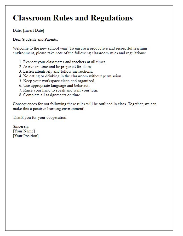 Letter template of classroom rules and regulations