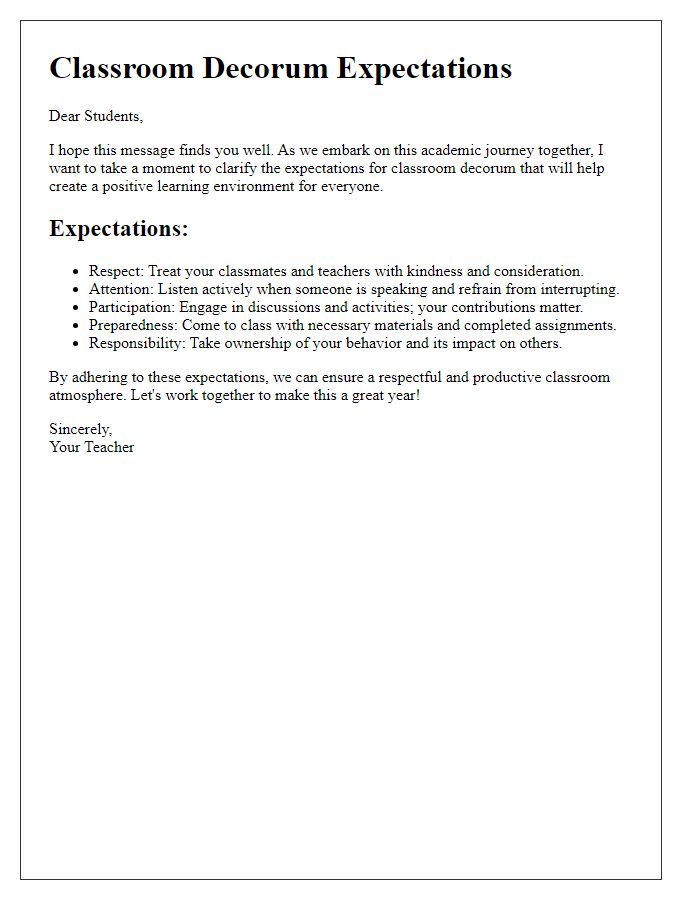 Letter template of expectations for classroom decorum