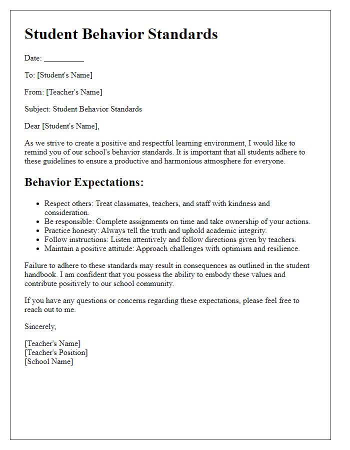 Letter template of student behavior standards