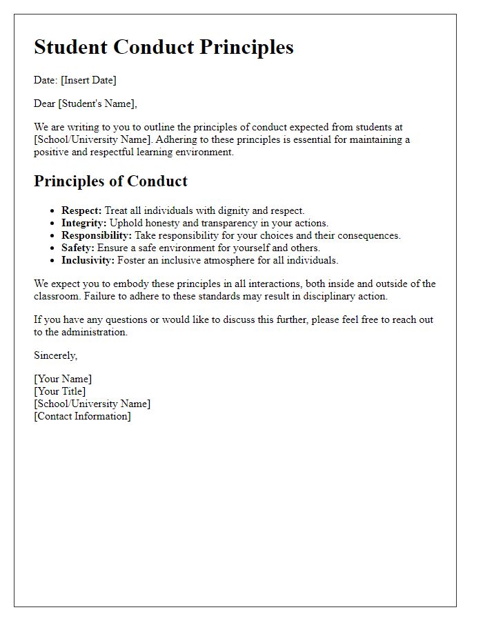 Letter template of student conduct principles