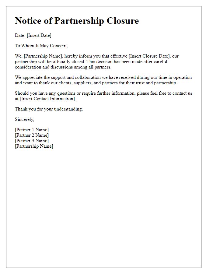 Letter template of Notice of Partnership Closure