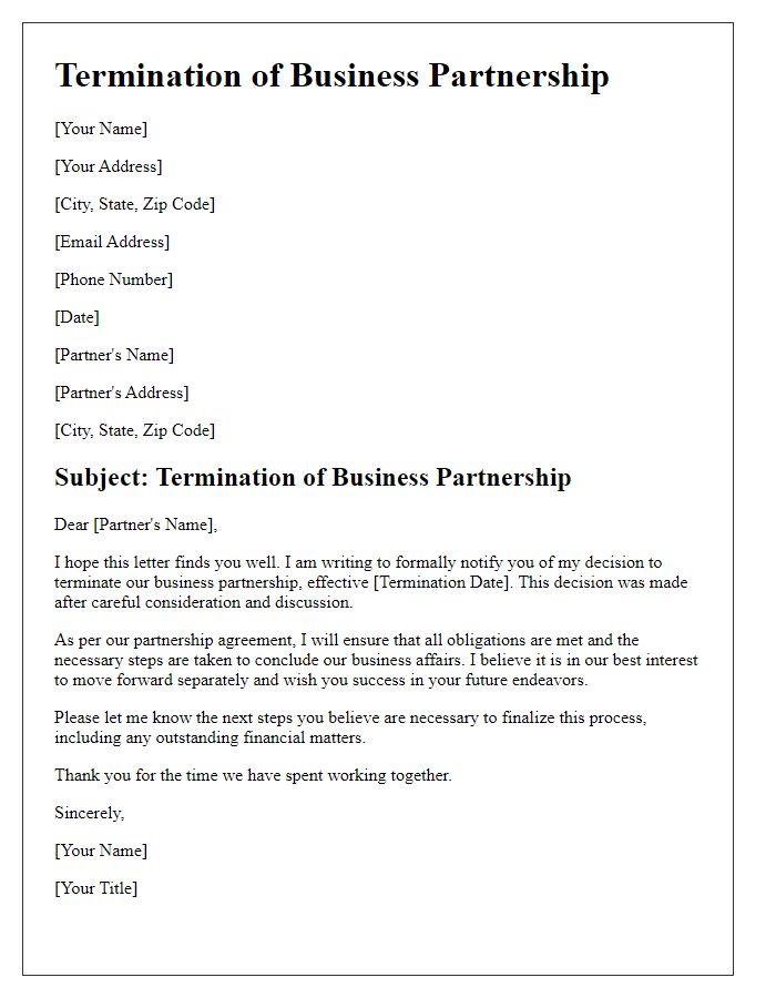 Letter template of Termination of Business Partnership