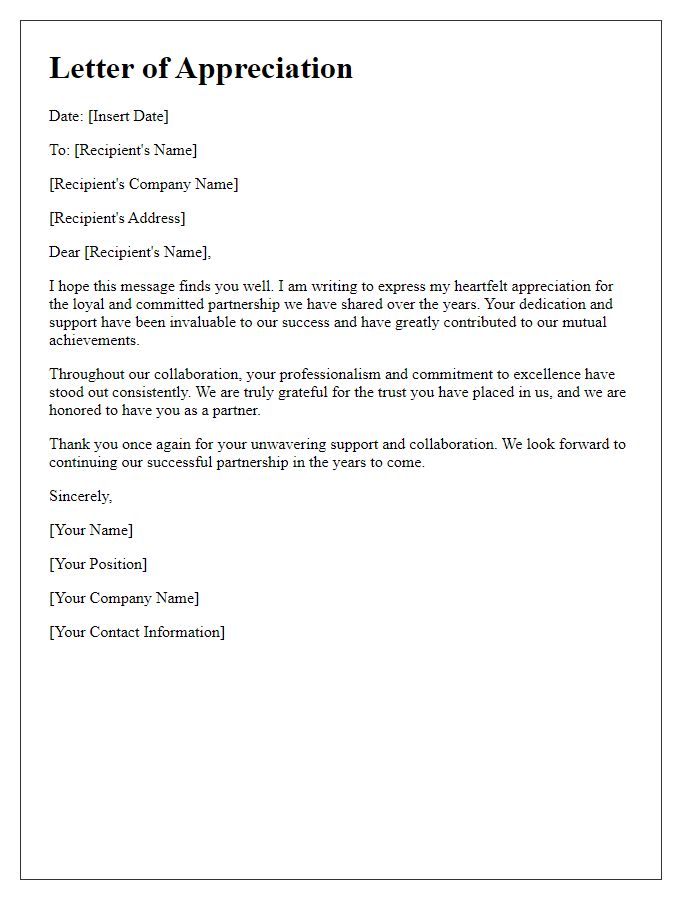 Letter template of appreciation for loyal and committed partnership.